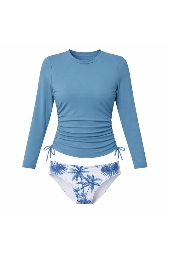 Girls Rash Guard Swimsuit Two Piece Long Sleeve Ruched Bathing Suits Print Design Girls Swimwear /Blue