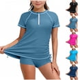 thumbnail image 1 of Girls Rash Guard Swimsuit Two Piece Ruched Bathing Suit Set Short Sleeve Sun Protection Swim Tops High Waist Boyshorts 7-16Y, 1 of 6