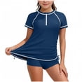 thumbnail image 1 of Girls Rash Guard Swimsuit Two Piece Ruched Bathing Suit Set Short Sleeve Sun Protection Swim Tops High Waist Boyshorts 7-16Y, 1 of 6