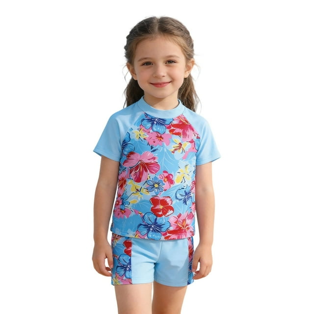 Girls Rash Guard Swimsuit Two Piece Short Sleeve Bathing Suit Rashguard Summer Beach Swimwear Sets Sunsuit