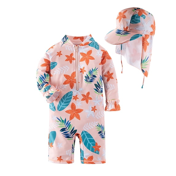 Girls Rash Guard Swimsuit Zipper One Piece Romper Bathing Suit Long Sleeve Cute Summer Beach Wear with Hat Orange, 2 Years