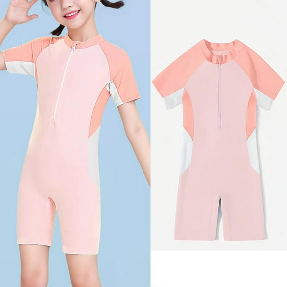 Girls Rash Guard Swimsuit Zipper One Piece Romper Bathing Suit Short Sleeve Color Block Cute Surfing Suits Pink, 3 Years