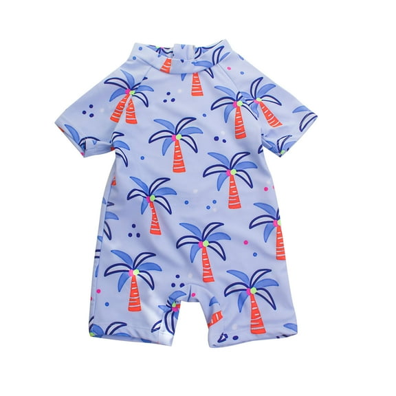 Girls Rash Guard Swimsuit Zipper One Piece Romper Bathing Suit Short Sleeve Cute Toddler Baby Swimming Suits Blue, 18 Months