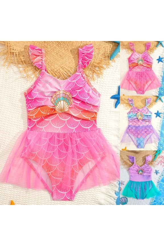 Girls Rash Guard Swimsuits with Layered Skirt Scale Mermaid Printed Tutu Skirt Mesh Swimwear Dress Bathing for Kids