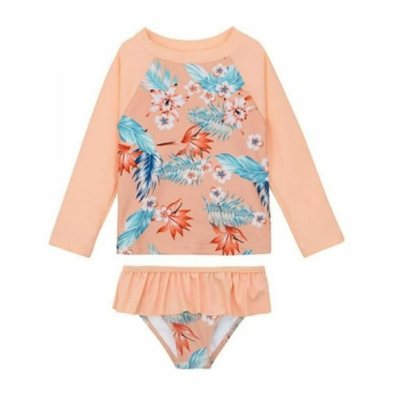 Girls Rash Guard Two Piece Swimsuit Floral Long Sleeve Swimwear with Ruffle Bottoms Toddler Kids Bathing Suit