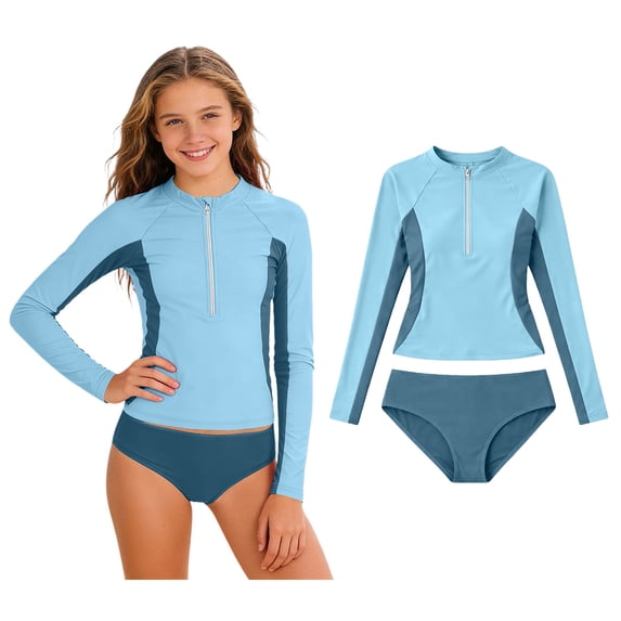 Girls Rash Guard Two-Piece Swimwear Sun Protection Long Sleeve Quick Drying Summer Swimsuit 11-12 Years
