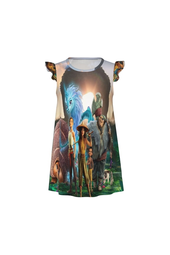 Girls Raya and the Last Dra-go Graphic Flutter Sleeve Soft Fabric Casual Dress for Home Sleep Dress Party Outdoor