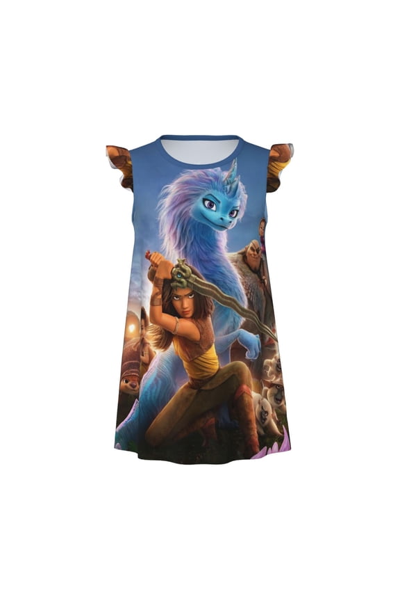 Girls Raya and the Last Dra-go Graphic Flutter Sleeve Soft Fabric Casual Dress for Home Sleep Dress Party Outdoor