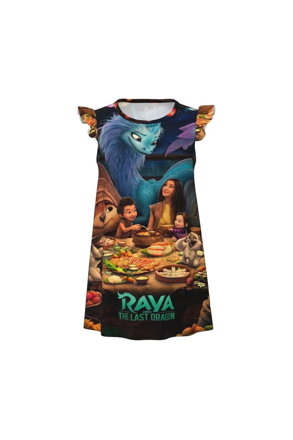 Girls Raya and the Last Dra-go Graphic Flutter Sleeve Soft Fabric Casual Dress for Home Sleep Dress Party Outdoor