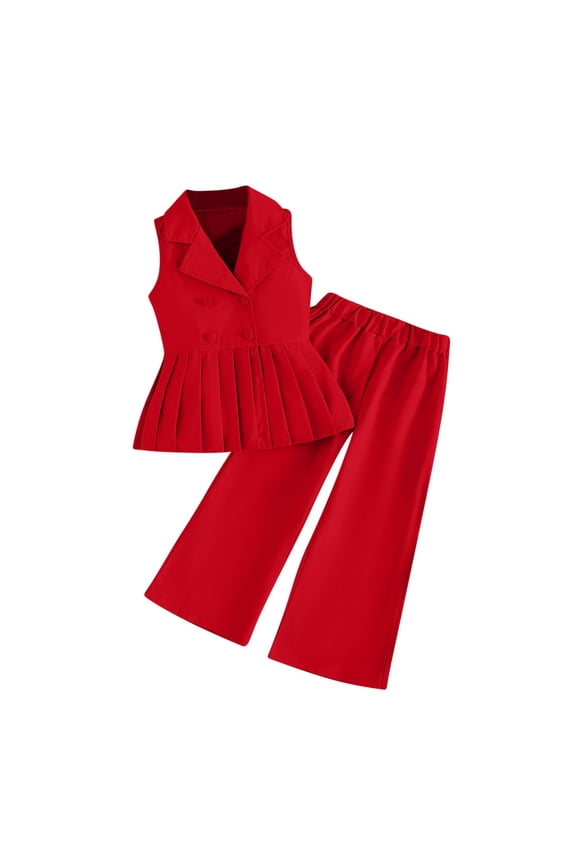 Girls Red 2-Piece Set, Double Breasted Vest & Wide Leg Pants, Kids Kids Party Church Holiday Outfit 2-9 Years,Size 4-5T