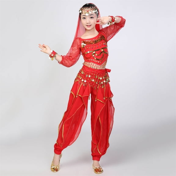 Girls Red Belly Dance Costume Set 5-13 Years, Complete Belly Dance Kit with Sequin Coin Details, Harem Pants & Headscarf for Dance Recitals & Cultural Festivals,Size 11-13 T