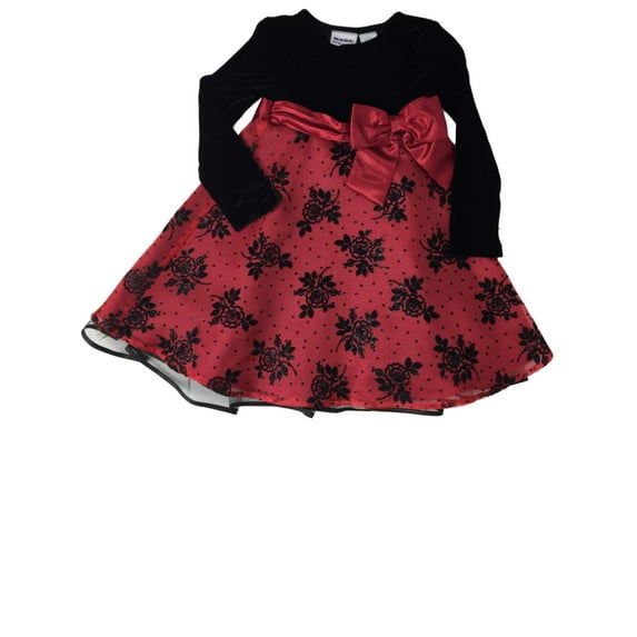 Girls Red & Black Floral Formal Party Holiday Glittery Velvet Flower Dress 4