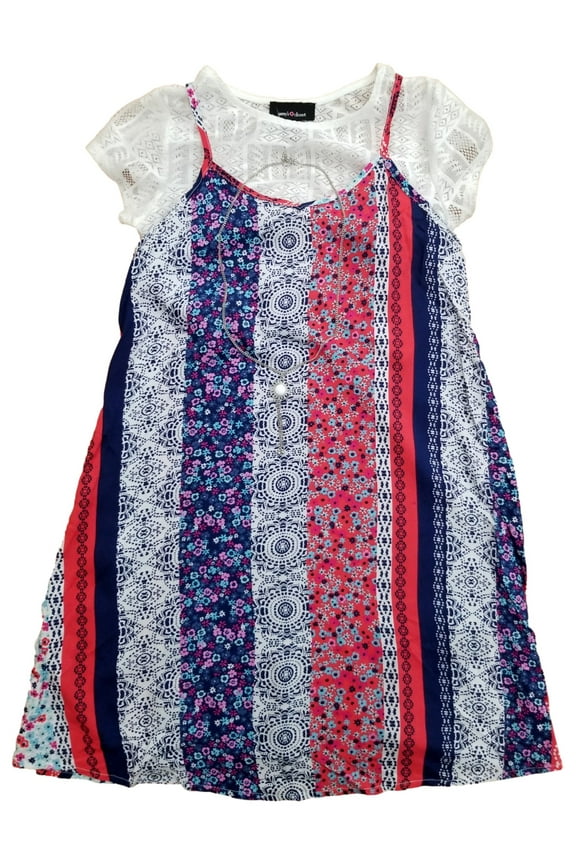 Girls Red Blue & White Top & Floral Dress w/ Matching Necklace Outfit 14