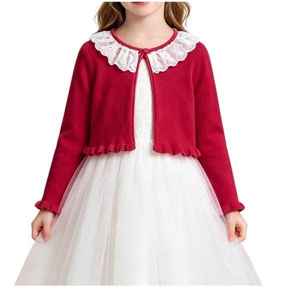 Girls Red Cardigan Cotton Lace Ruffle - Cropped Open Front Knit Bolero 2-14,Size 4-5 T