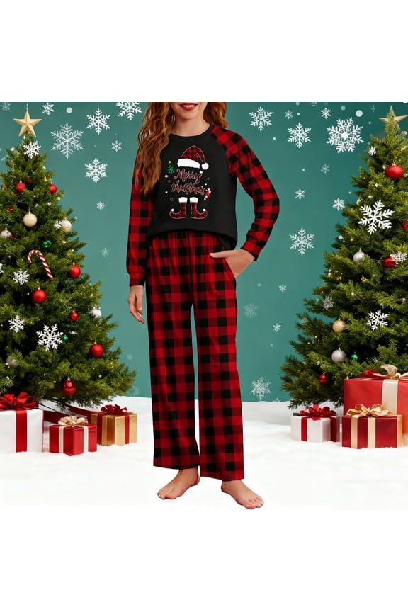 Girls Red Christmas Two-Piece Casual Set - Soft Stretchy Buffalo Plaid Raglan Sleeve Loose with Elastic Waist, Sizes 5-15 Years,Size 14-15 T