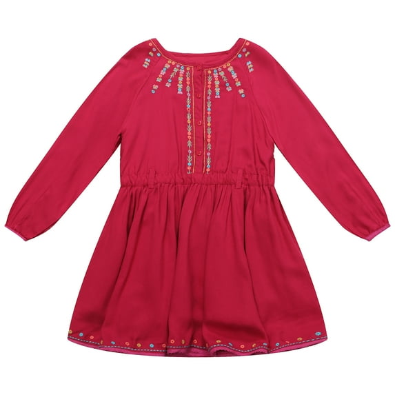 Girls Red Cotton Ethnic Floral Embroidered Dress 9/10