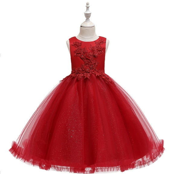 Girls Red Dress with Flower without Sleeves For Wedding, Pageant, Graduation, Birthday, Christmas and New Year ages 4-12 years old.
