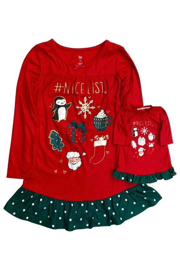 Girls Red Flannel On the Nice List Holiday Nightgown & Doll Night Gown Set 5-6