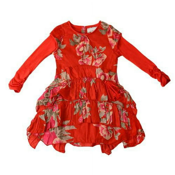 Girls Red Floral Print Bohemian Ruffle Tiered Dress 7/8