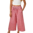 thumbnail image 1 of Girls Red Gingham Wide Leg Culottes - Linen Blend Pants with Pockets, Elastic Waist Casual Spring Bottoms for Kids,Size 4 T, 1 of 9