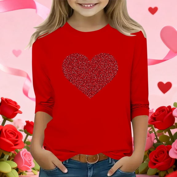 Girls Red Glitter Heart Top - Cold Shoulder 3/4 Sleeve Soft Stretchy Casual Shirt for Girls 4-12,Size 9-10T