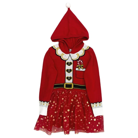 Girls Red Gold Christmas Santa Claus Festive Holiday Sweater Dress Tulle Skirt S