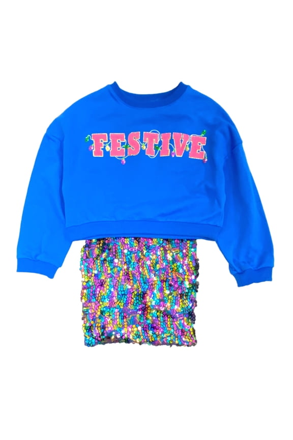 Girls 2 Piece Blue Pink Sequin Festive Holiday Tank Dress With Sweatshirt M