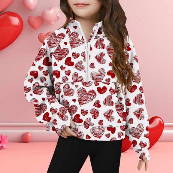 Girls' Red Heart Print Half Zip Pullover - Soft Stretchy Sweatshirt for Kids 6-12 Years,Size 5 T