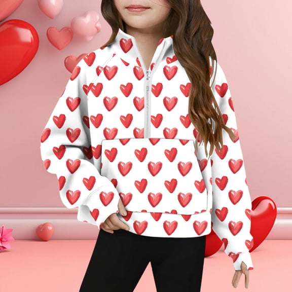 Girls' Red Heart Print Quarter Zip Pullover, Soft Stretchy Fleece Top with Pocket, Cute Casual Playdate Outfit,Size 5 T