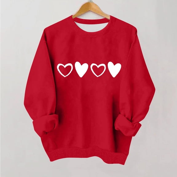 Girls Red Heart Print Sweatshirt, Soft Long Sleeve Crewneck, Valentine's Day Kids Top, Stretchy Machine Washable Cute Casual Shirt for Youth,Size 6 T