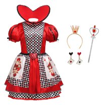 Girls Red Heart Queen Costume with Accessories Halloween Cosplay Fancy Party Dress up, Size for 4-5Y