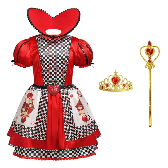 Girls Red Heart Queen Costume with Accessories Halloween Cosplay Fancy Party Dress up, Size for 8-9Y