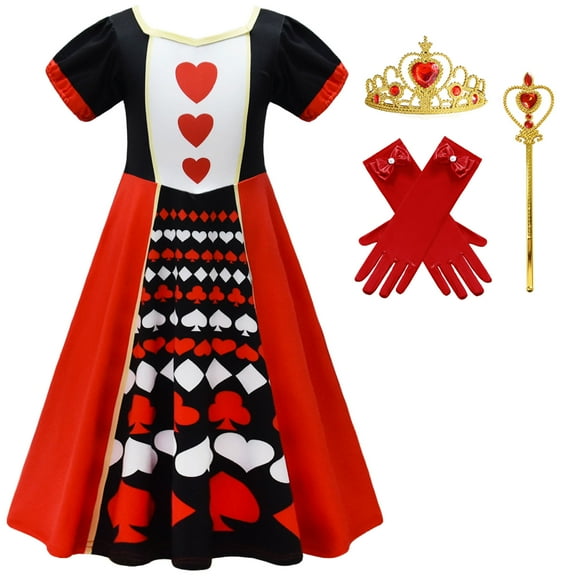 Girls Red Hearts Princess Costume Queen Dress Halloween Cosplay Outfits, 6-12Y