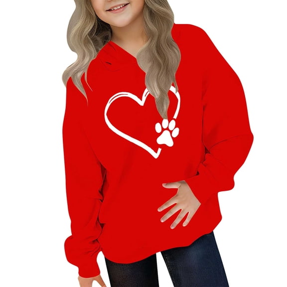 Girls Red Hoodie for Kids 2-14 Years, Pet Lover Heart Paw Print 100% Polyester Soft Warm Casual Hooded Sweatshirt, Easy Care with Ribbed Cuffs & Hem,Size 13 T