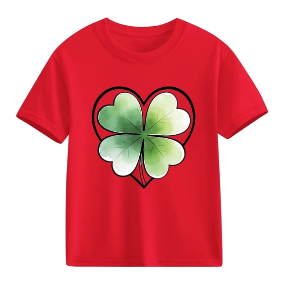 Girls Red Kids T-Shirt | Short Sleeve Cute Clover Good Fortune Graphic Tee | Cotton St Patricks Day Top for Girls (Size 110-150),Size 4 T