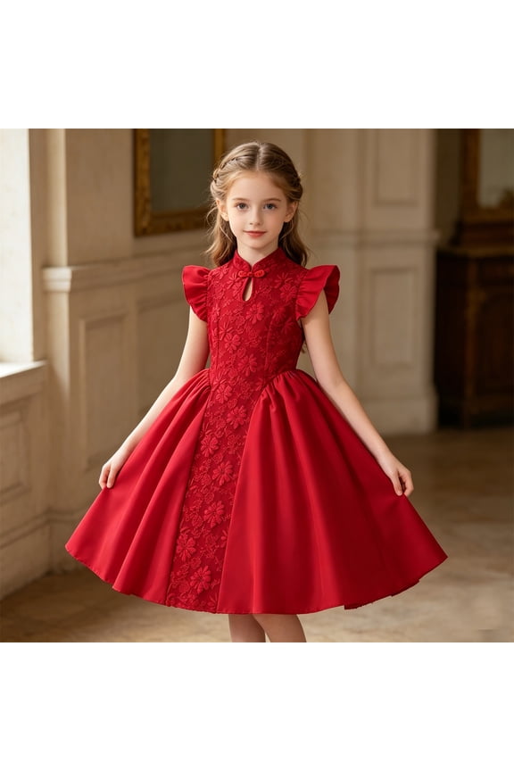 Girls Red Lace Dress Ruffle Sleeve Formal Party Dress Kids Floral Embroidery Dress for Wedding & Holidays Red Size 8-9 Years