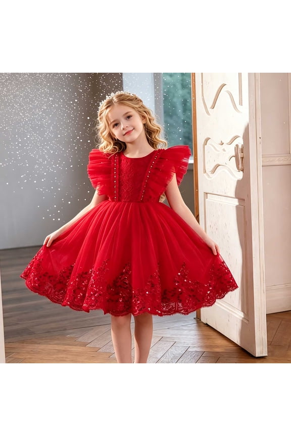 Girls Red Lace Tulle Party Dress Formal Pageant Gown with Sequin Hem Beaded Bodice for Birthday Christmas Holiday,Size 2 T