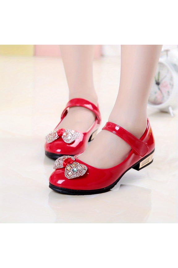 Girls' Red Mary Jane Flats with Sparkling Heart & Flower Accents - Soft Rubber Sole, Comfortable & Stylish for Casual Attire, Perfect for Spring & Summer Outfits