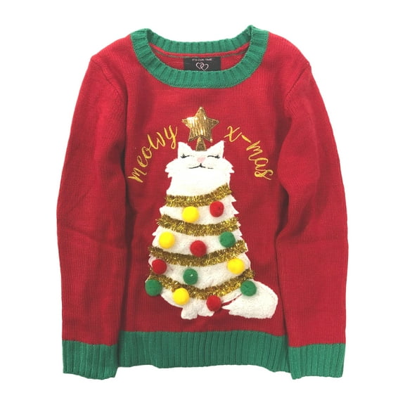 Girls Red Meowy X-Mas Kitty Cat Christmas Tree Tinsel Holiday Sweater Small