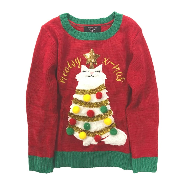 Girls Red Meowy X-Mas Kitty Cat Christmas Tree Tinsel Holiday