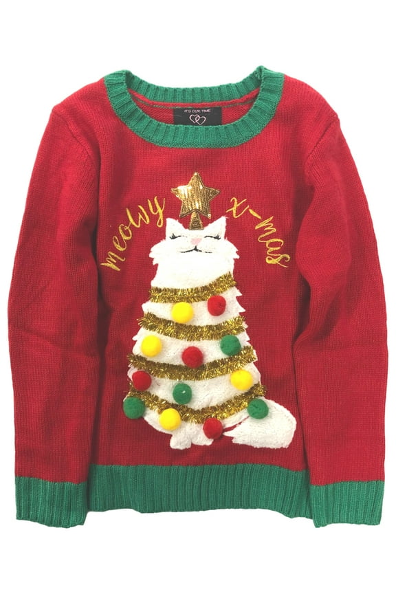 Girls Red Meowy X-Mas Kitty Cat Christmas Tree Tinsel Holiday Sweater Small