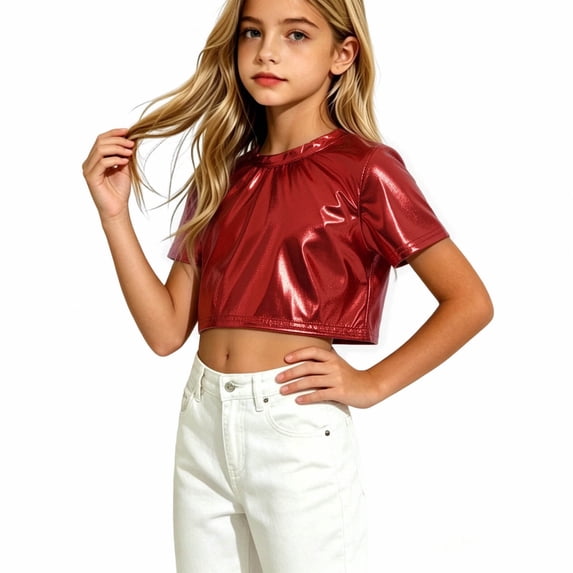 Girls Red Metallic Knit Crop Top Shiny Short Sleeve Round Neck Kids Party Dance Daily,Size 11 T