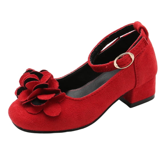 Girls Red Party Shoes Low Block Heel Pumps with 3D Flower & Ankle Strap for Wedding Special Occasion Comfort Fit,Size 7.5-8T