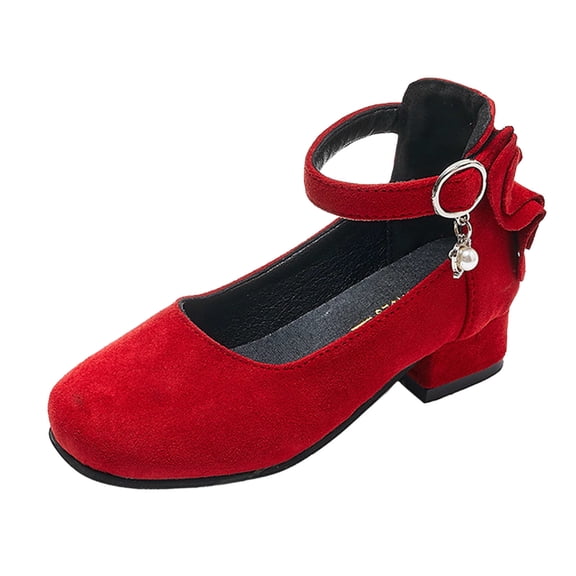 Girls Red Party Shoes Mary Jane Low Block Heel with Bow Pearl Ankle Strap for Holiday Wedding Flower Girl Church,Size 4-4.5T