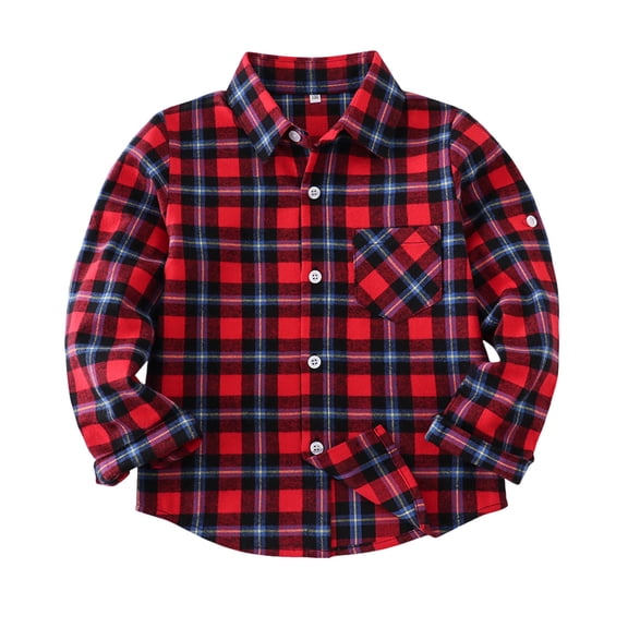 Girls Red Plaid Button Down Shirt for Kids Long Sleeve Cotton Blend Top with Chest Pocket Black Red Blue Checkered Print,Size 1-2T