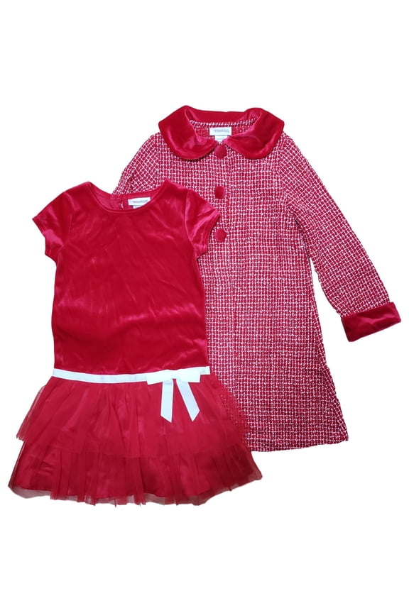 Girls Red Plaid Dressy Coat & Ruffled Tulle Christmas Party Dress 2 Piece Set 6X