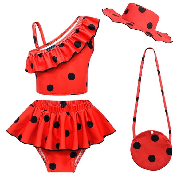 Girls Red Polka Dots Swimsuit Bathing Suits Girl Ruffled Tankini Bikini Two Piece Swimwear Beachwear