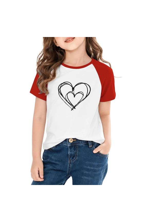 Girls Red Raglan Tee, 4-14 Years Heart Print Kids T-Shirt, 95% Polyester 5% Spandex Soft Stretch Casual Short Sleeve Crew Neck Cute Girls Top Walmart,Size 5 T
