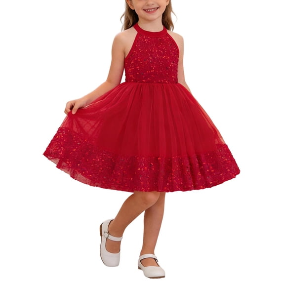 Girls Red Sequin Halter Tulle Tutu Dress Kids Sparkle Flower Girl Christmas Birthday Pageant Party Formal Wear Sizes 3-8 Years,Size 6-7 T