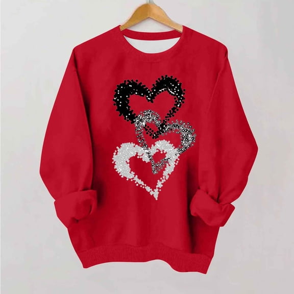 Girls Red Sequin Heart Sweatshirt, Sparkle Crewneck Top for Kids 4-14 Years, Soft Stretch Valentine Party Casual Wear,Size 14 T
